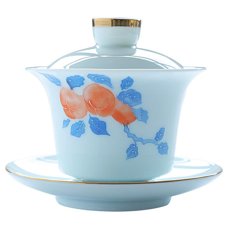 Hand-painted Cover Bowl Teacup, Single Ceramic Tea Bowl, Tea Cup, White Porcelain Three Talents Cover Bowlkung Fu Tea Set