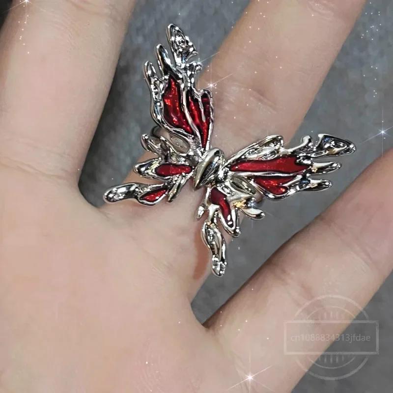 Vintage Irregular Red Crystal Glass Heart Ring Spider Animal Gothic Y2K Creative Jewelry for Women