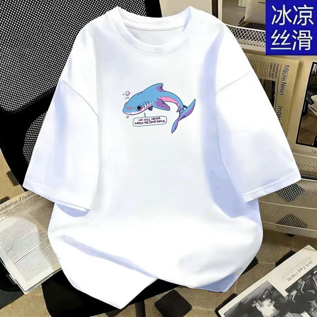 Roundneck Simple Style Cartoon Cute Style Printed Shortsleeved Tshirt for Unisex and WoUnisex Couples Loose Top White Color Soft