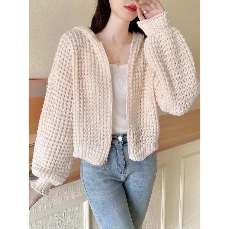 Autumn Winter New Zipper Knitted Hooded Sweater Jacket Korean Retro Cardigan Women Coats Casual Slim Fit Knitwear Jackets Simple Elegant Solid Top
