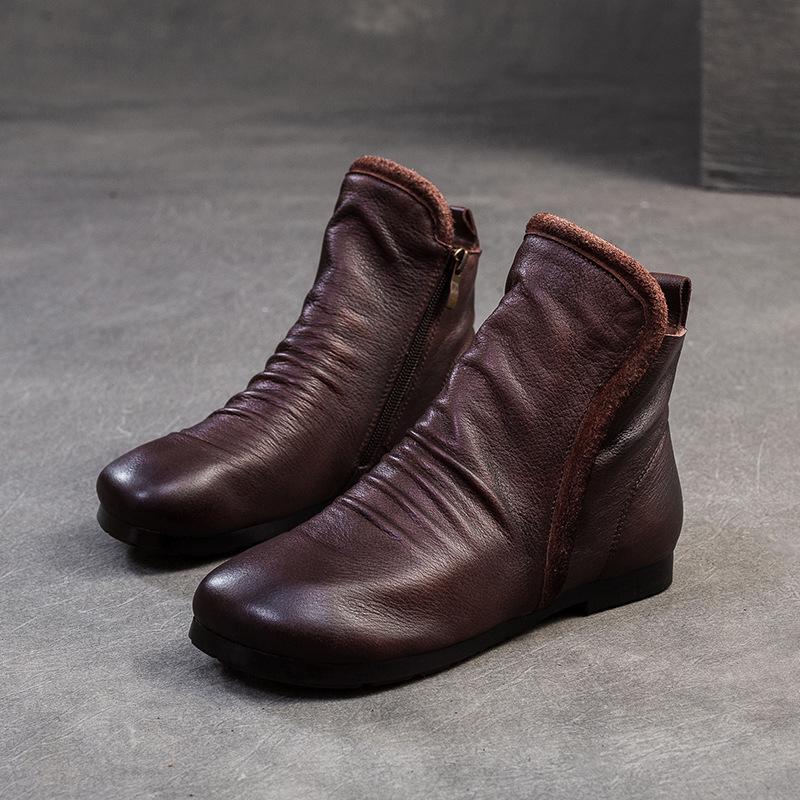 Johnature Echtes Leder Plissee Flache Kurze Stiefel Bequeme weiche Sohle Retro Damenschuhe