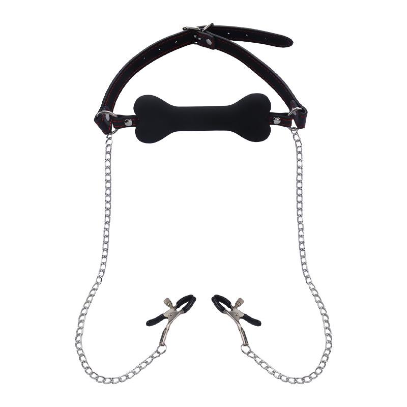 Adult Bone Gag with Chain and Nipple Clamps