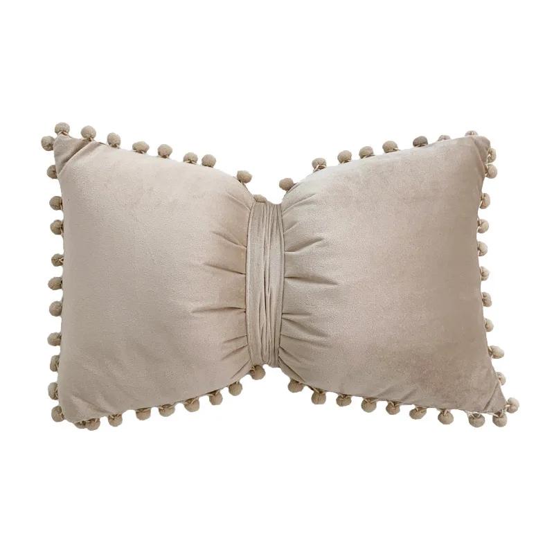 Coussins Pompon en Velours avec Nœuds Housse de Coussin Décorative Coussins Décoratifs Housse d'Oreiller à Jeter Couleurs Unies Coussins avec Nœuds Housse Décoration Maison Canapé Siège 30x50cm