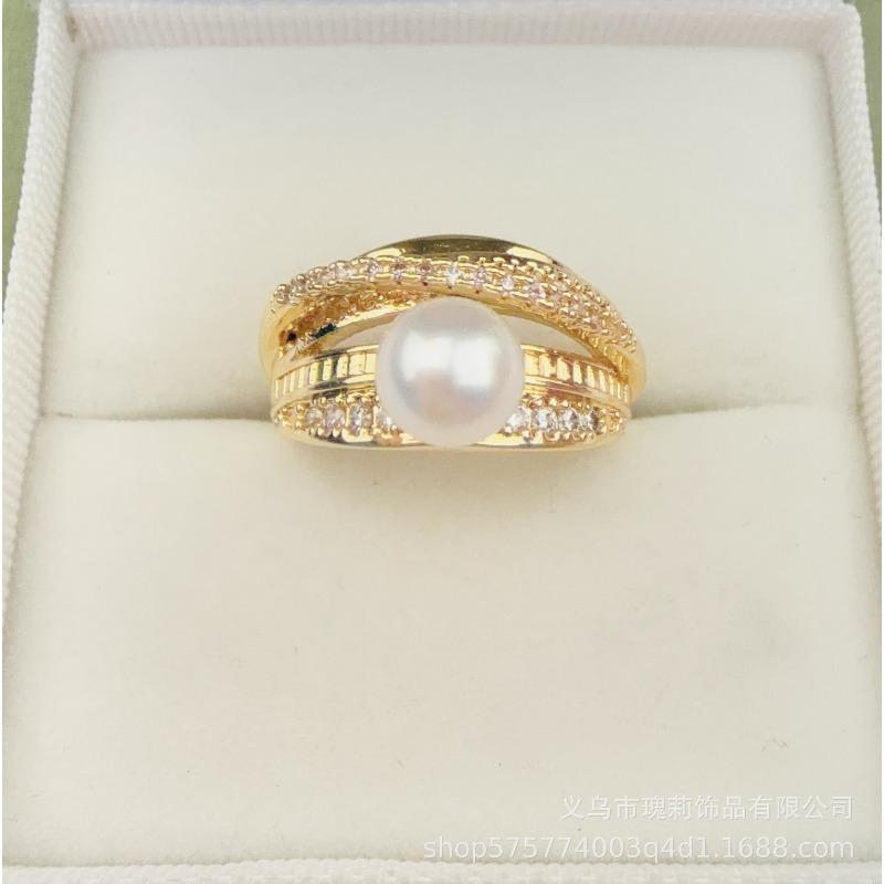 New natural freshwater pearl ring full diamond feeling adjustable ring niche temperament jewelry