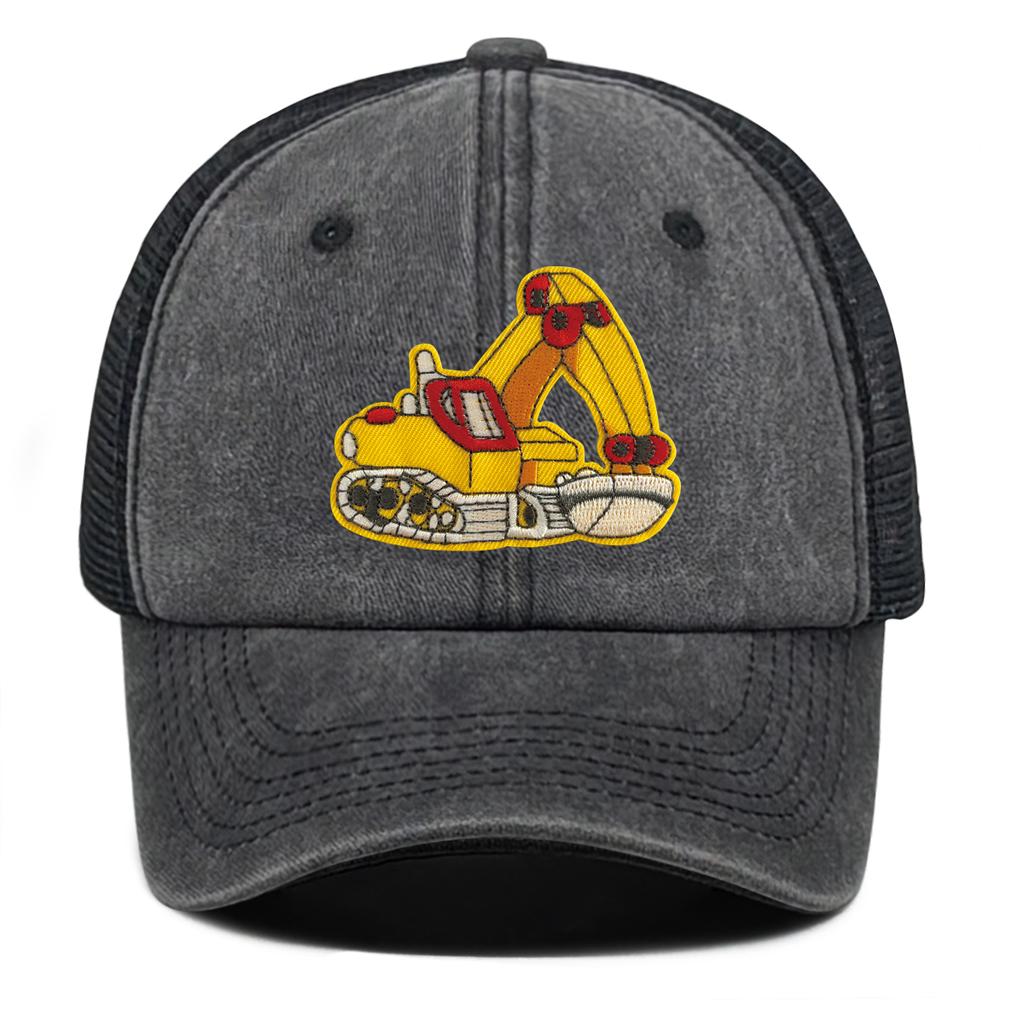Cartoon Excavator Embroidery Mesh Cap Snapback Trucker Hat Caps For Man Washed Cotton Unisex Adjustable Mesh Cap