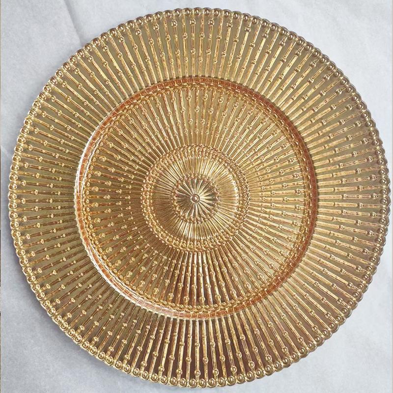

13 inch dotted line glass metal line transparent gold plate decoration plate display decorative tray