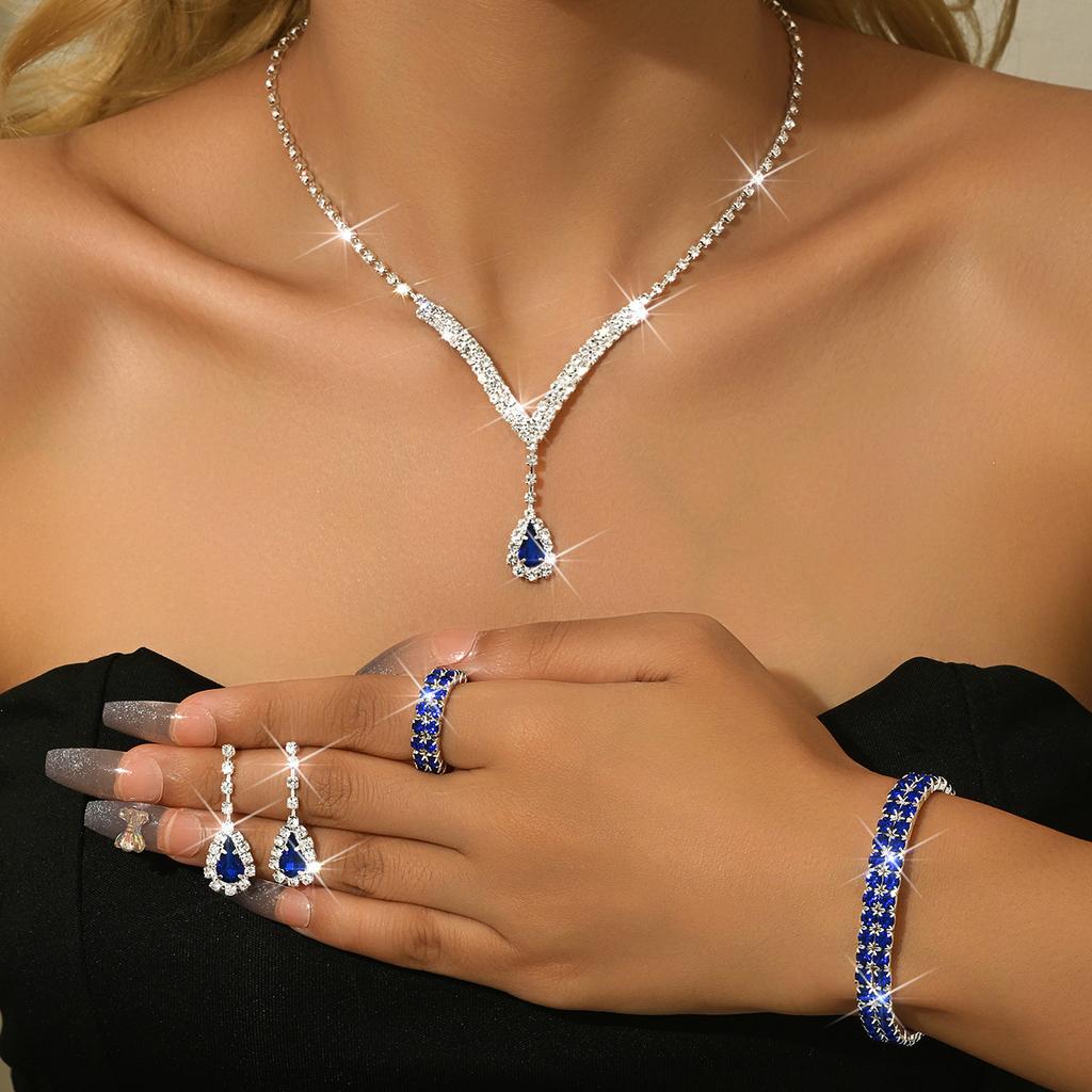 Bridal Wedding Accessories Necklace Bracelet Earrings Ring Set Chain Women'S Four-Piece Rhinestone Wedding Dress Accessories