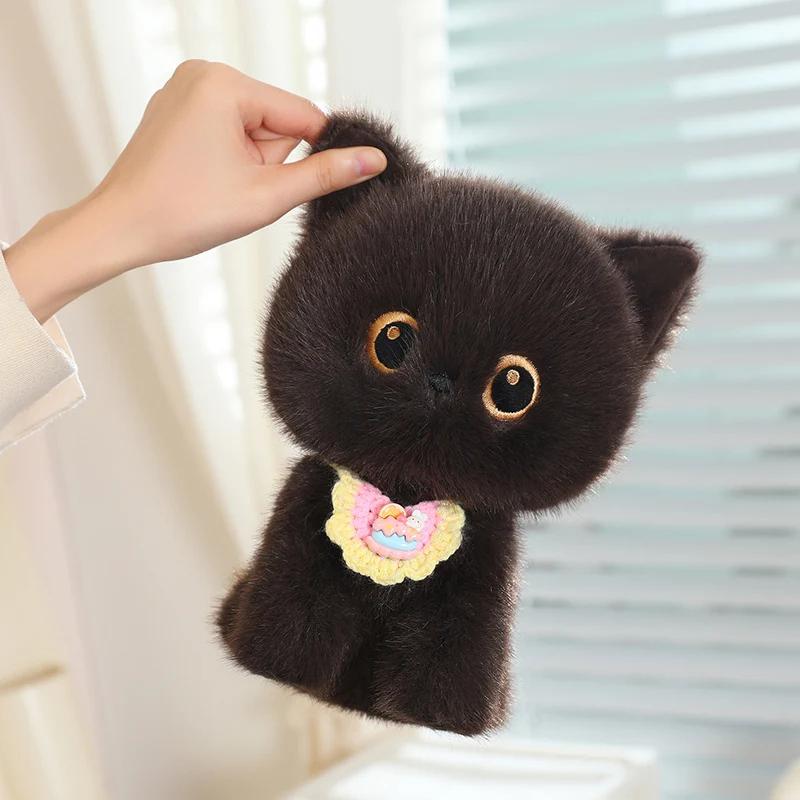 Adorable Fluffy Cat Stuffed Plush Toy Soft Kitten Doll With Cake Bib Calico Black Siamese Birthday Gift For Girl