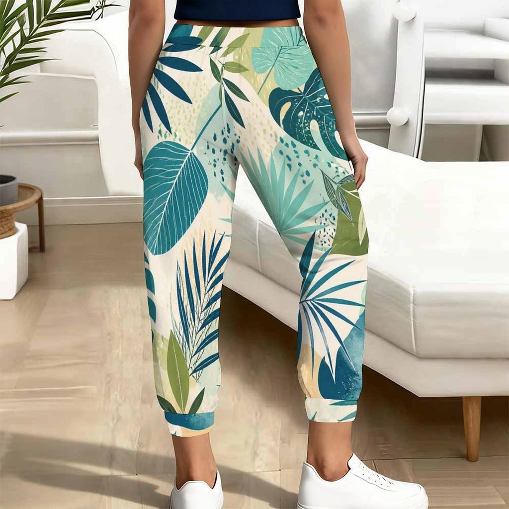 Women Plus Size Leaf Printed Jogger Pants Drawstring Waist Side Pockets Cuffed Ankle Casual Pants