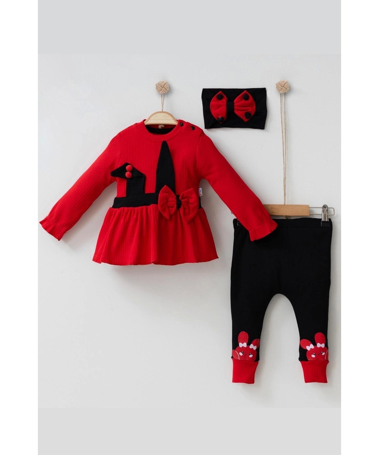 

Rabbit Eared Bow Patterned Bandana Baby Girl Set