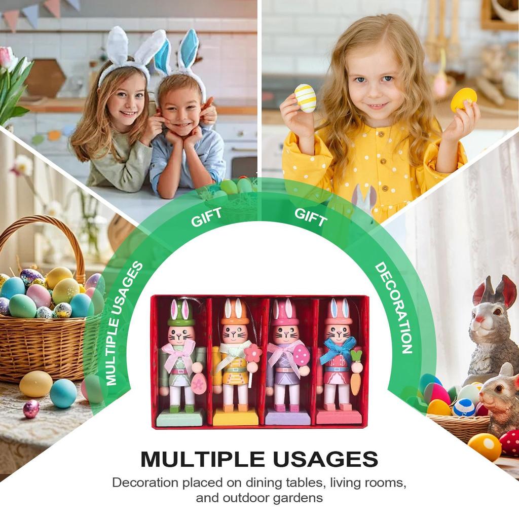 Easter Nutcracker 4 Pieces Wooden Easter Photo Props 4.1 Inches Rabbit Statue For Workplace Home Bedroom Mantel Holiday