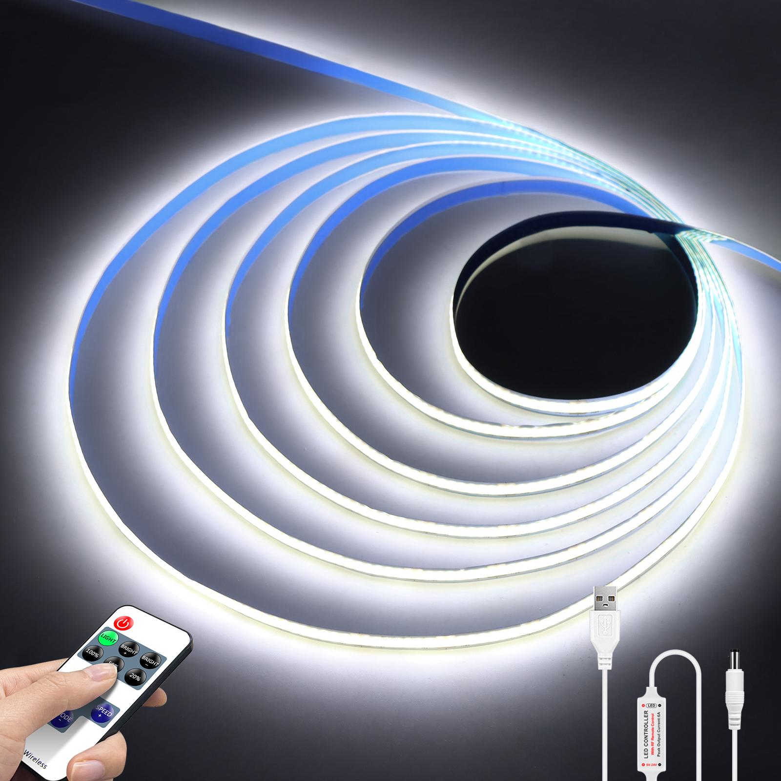 

COB Светодиодные ленты для декора стен комнаты 5V Питание от USB Светодиодная лента с РЧ пультом управления Поддержка диммирования Подсветка для телевизора/зеркала 5M белый