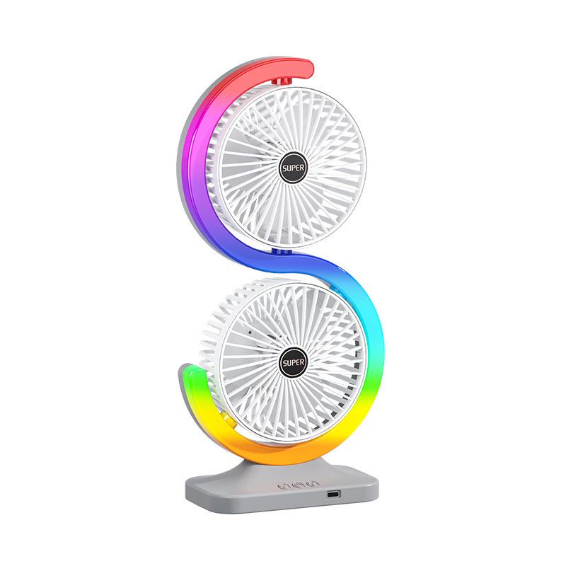 Portable Dual-Head Desktop Fan with Seven-Color LED, Strong Wind, USB Rechargeable for Outdoor and Dormitory Use