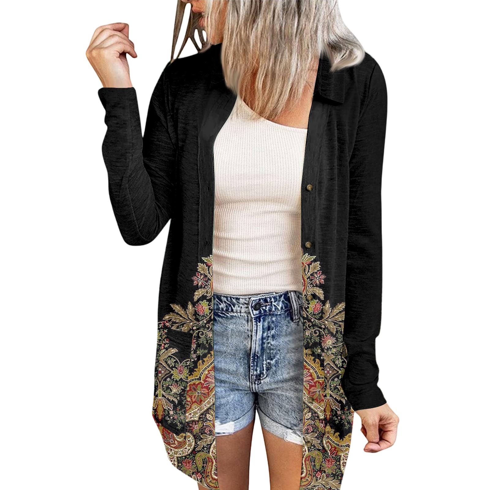 

Women s Casual Fashion Floral Print Long Sleeve Mid-Length Cardigan Jacket M Темно-синій