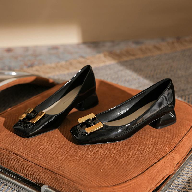 

Классические женские туфли на высоком толстом каблуке с квадратным носком, с металлической пряжкой, модные, универсальные, удобные 40