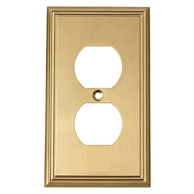 Electroplated Wall Outlet Cover Plate with Stepped Decorative Border for Indoor Wall Detail and a Unified Metal Finish