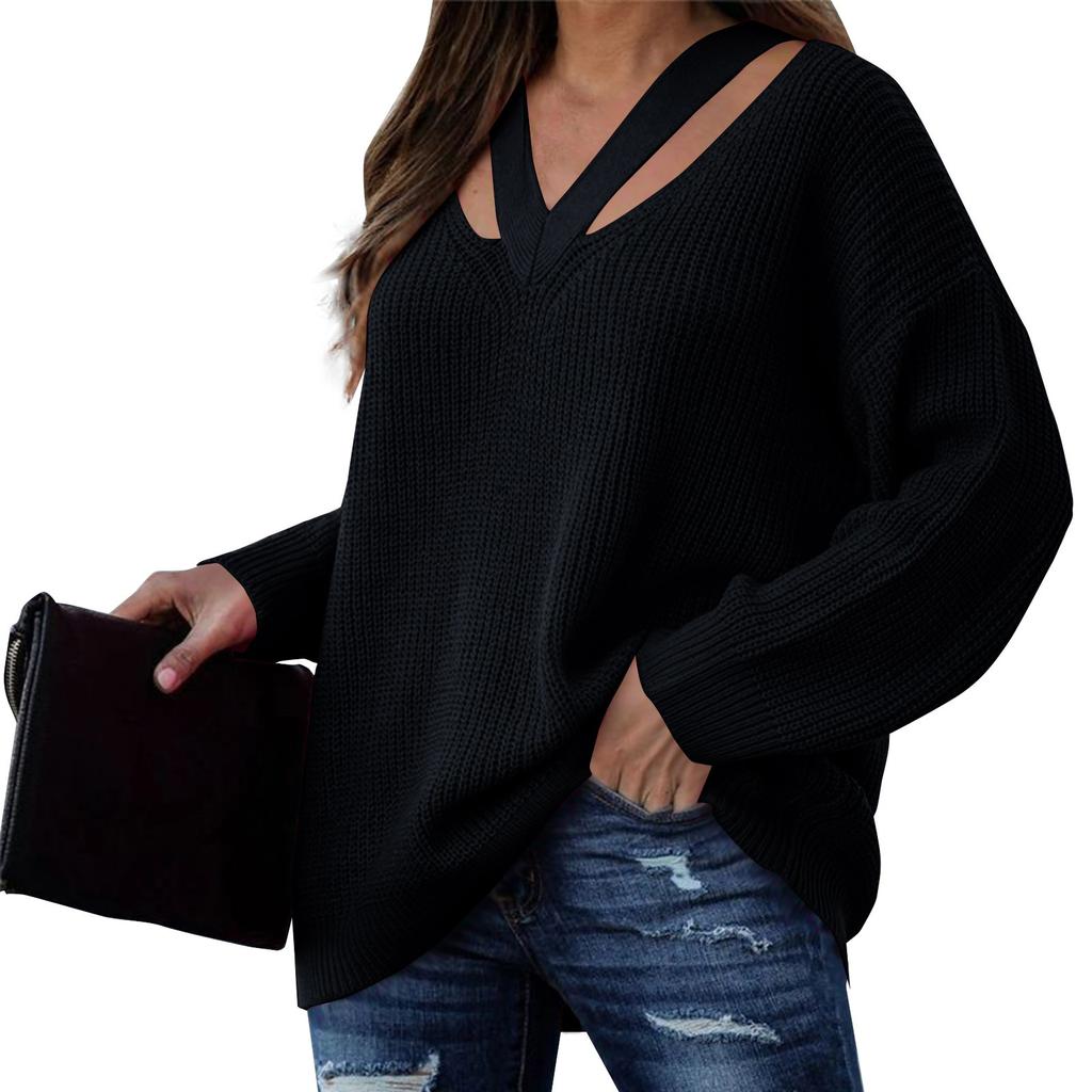 Women's Fashion Loose V-neck Long Sleeve Knit Personality Solid Color Casual Sweater