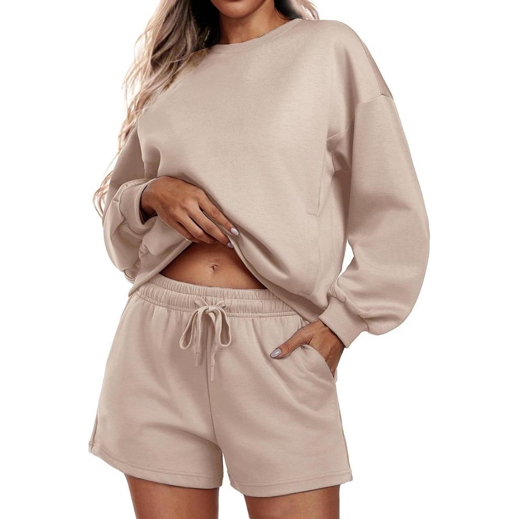 Women's Fashion Sportswear Casual Long-Sleeved Pullover Sweatshirt Drawstring Shorts Set