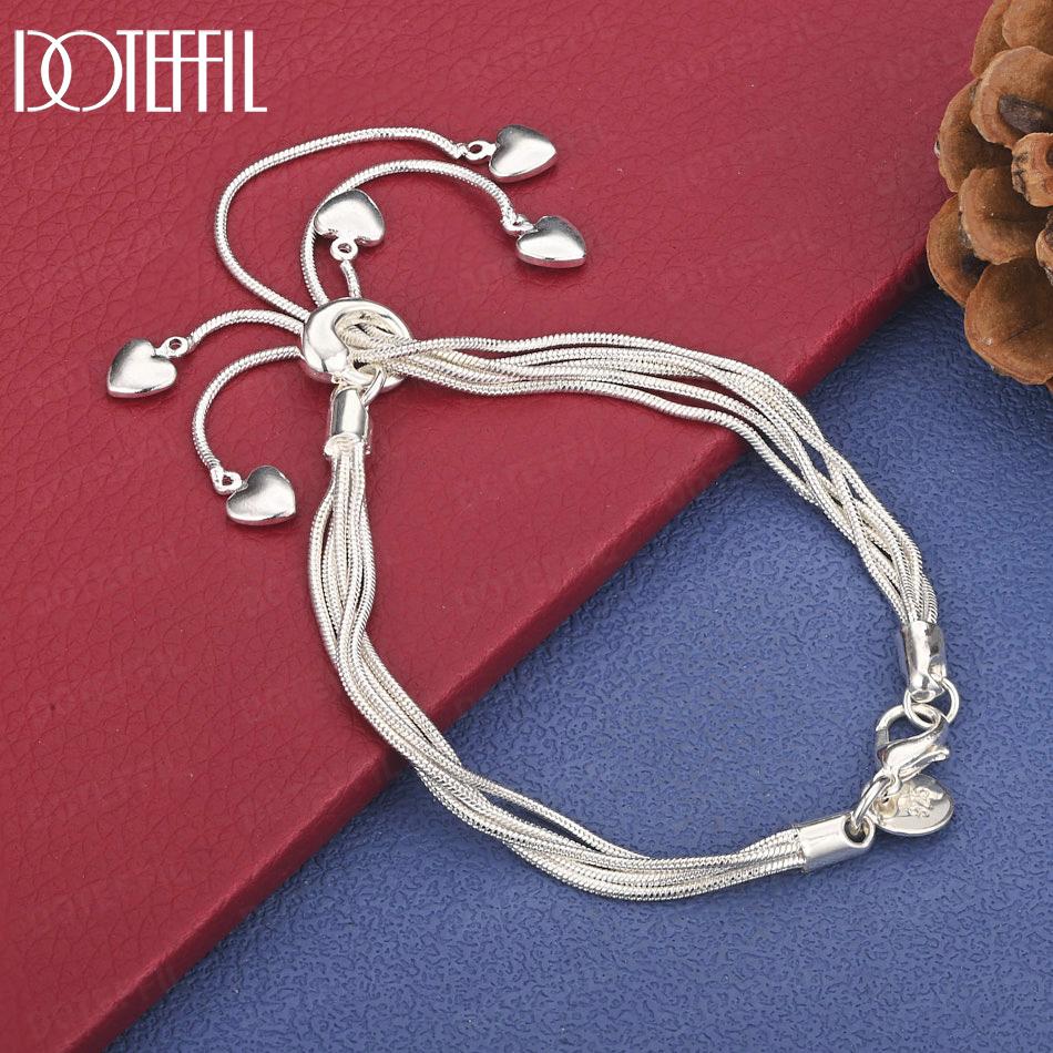 925 Sterling Silver Snake Chain Heart Bracelet Wedding Jewelry