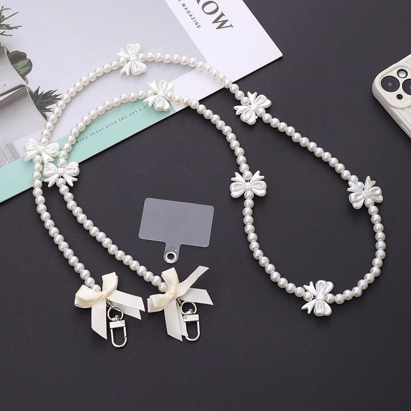 Luxury Pearl Phone Lanyard With Butterfly Tie Double Lanyer Neckband For iPhone 14Promax Portable CellPhone Strap Accessories