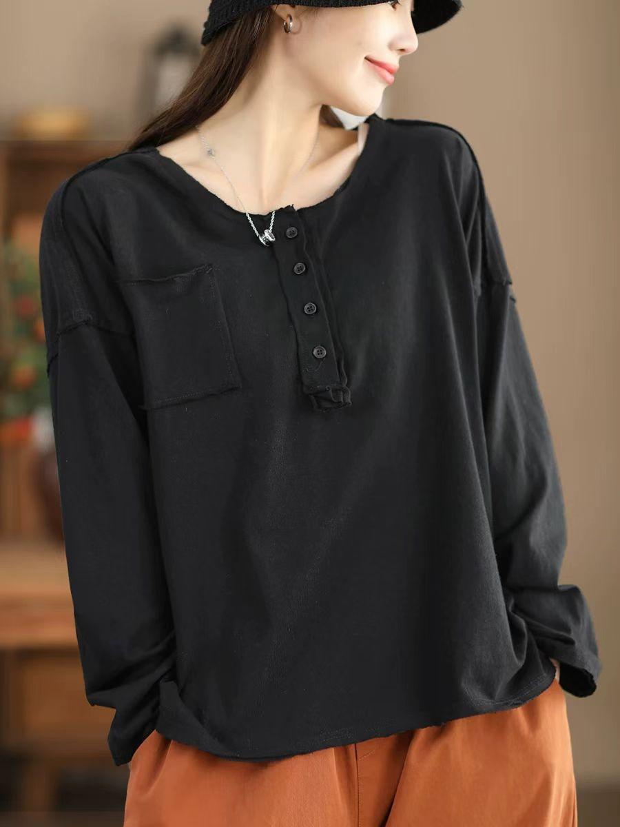 

Футболка Johnature Fashion Personality Splicing Casual T-Shirt Женская осенняя повседневная однотонная свободная футболка с круглым вырезом One Size чёрный