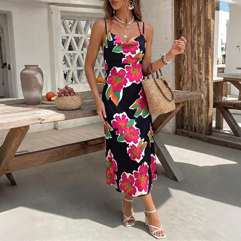 TikTok Summer New Retro Vacation Style Long Dress Floral Print Suspender F Halter Dress