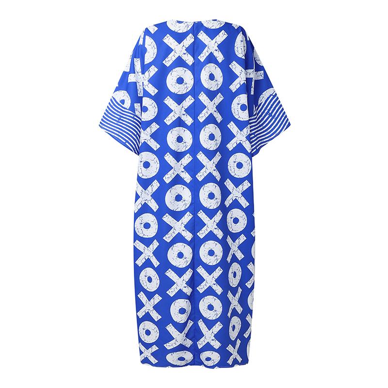 Plus Size Summer Women 3/4 Sleeve Floral Striped Print Casual Loose Long Maxi Robe Dress