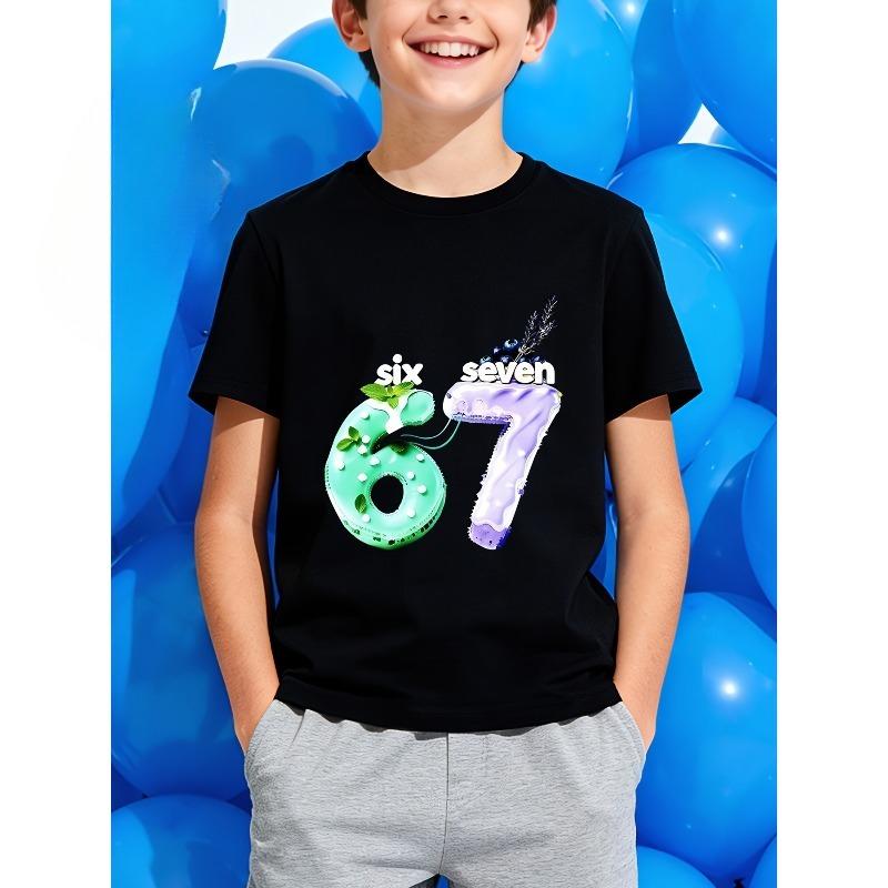 European sizes Mint Blueberry Cake "67" Letter/Cartoon Print, Clothing Short-Sleeved T-Shirt, Casual Style for Boys, Suitable for Outdoor Activities