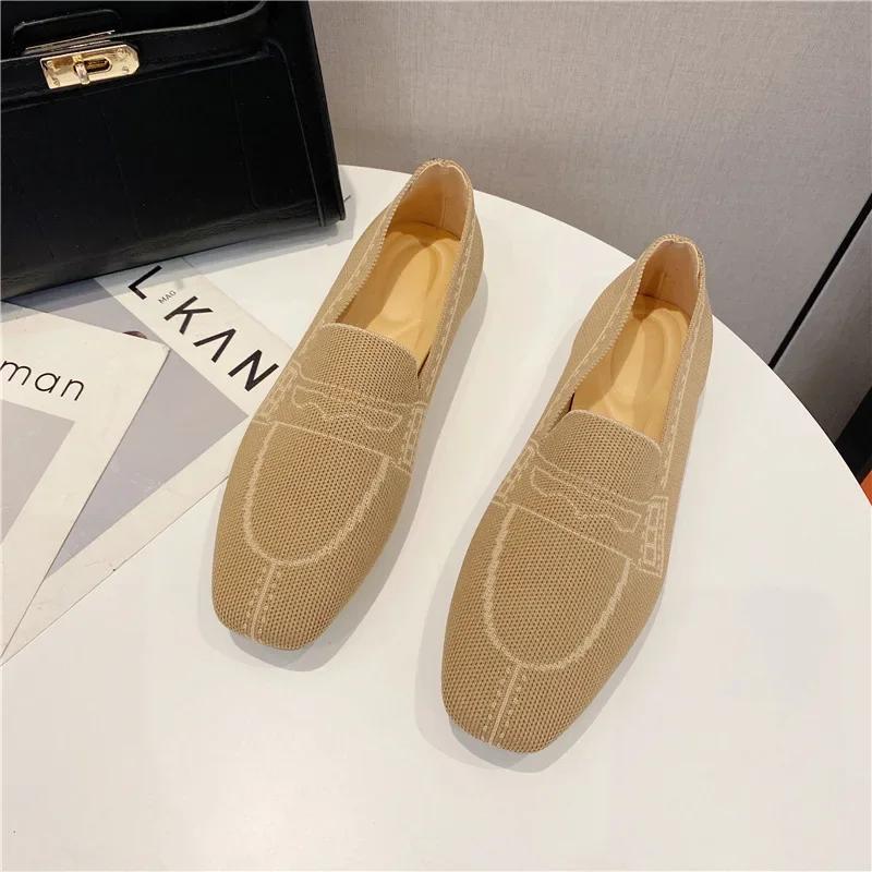 Fashion Autumn Weaving Princess Shoes Fashion Square Toe Casual Ballet Flats Shoes Women's Knitted Flat Bottom Soft Sole Walking Shoes