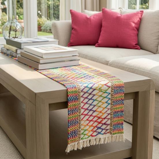 Table Runner for Family Gatherings Boho Striped Runner, Fringed Edge Cotton Linen Rustic Textured Hollow Entryway Farmhouse Dining Table, Home Holiday