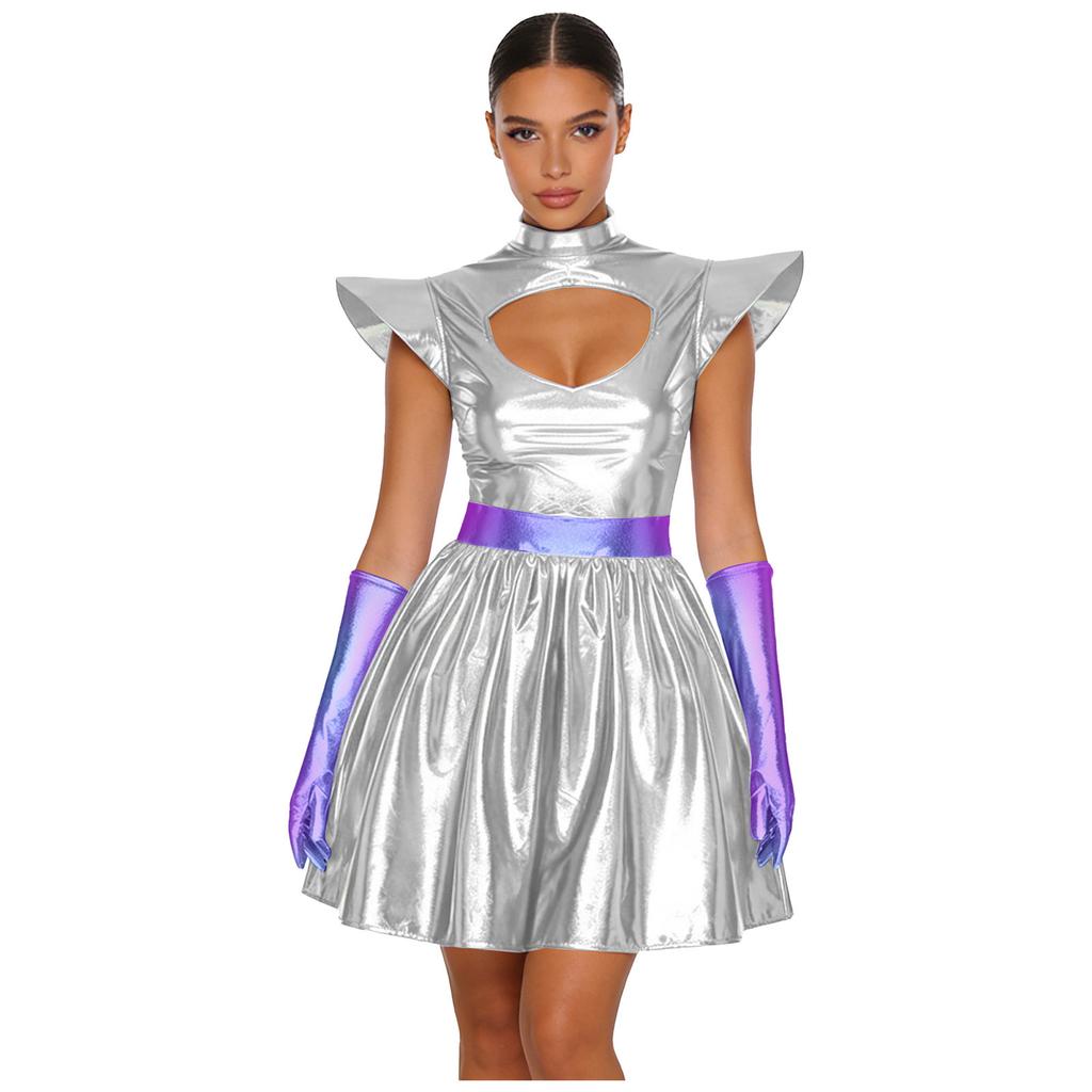 S-3XL Dames Buitenaards Cosplay Kostuum Metaalachtig Glanzende Jurk, Uitgesneden Hals & Gestructureerde Schouderstukken met Handschoenen voor Ruimte Themafeest