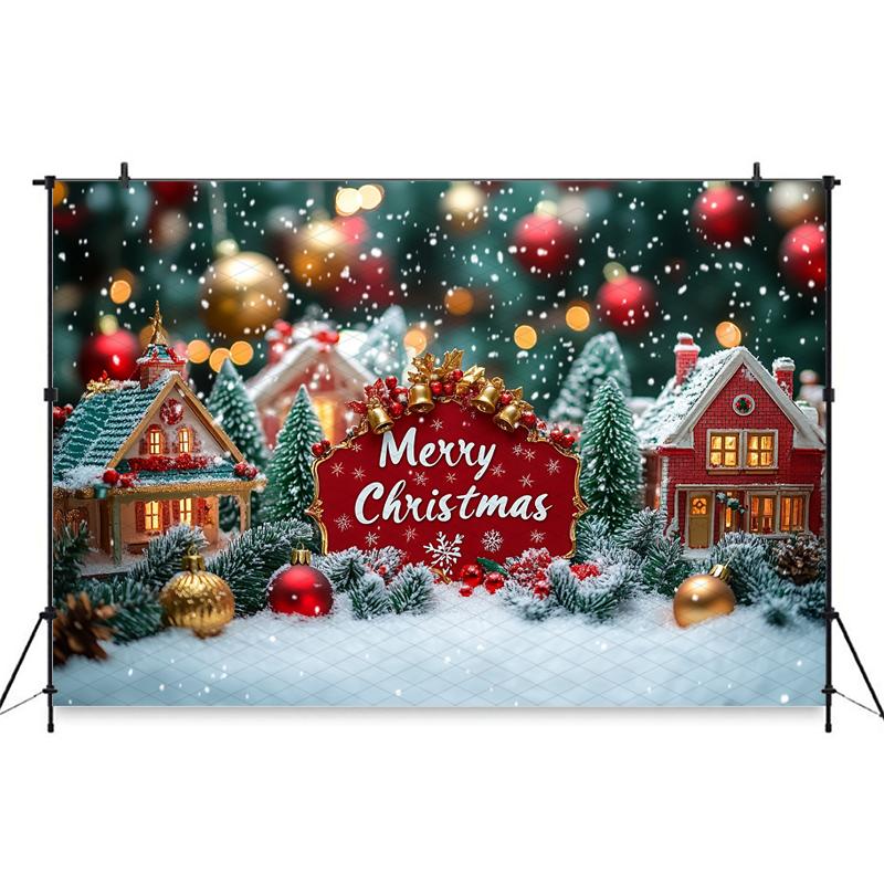 Mocsicka Merry Christmas Background Photography House Small Bell Snowflake Xmas Tree Decorations Party Backdrop Photocall Banner