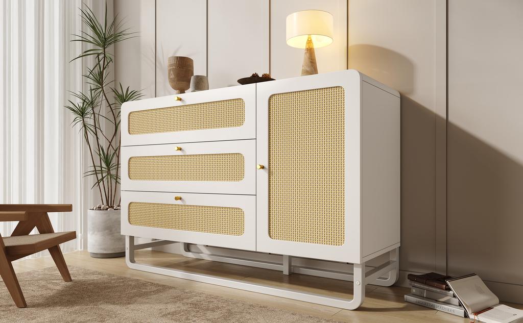 Schubladenschrank mit Rattan- & Goldgriffen, Landhausstil Weiß mit 3 Schubladen & 1 Tür, Höhenverstellbare Einlegeböden & Kippsicherung, 120x85x40 cm
