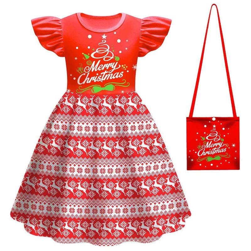 Christmas New Children'S Flying Sleeve Dress 3D Digital Printing Christmas Day Performance Dress