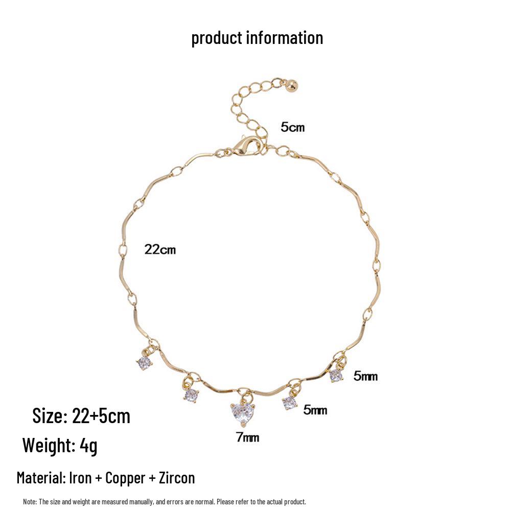 French Elegance Heart Zircon Anklet: Summer Beach Style, Simple & Versatile Foot Jewelry.