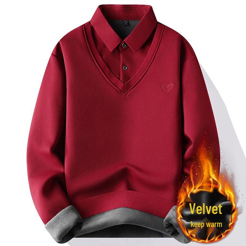 Men's Fleece-Lined Two-Piece Look Warm Sweater with Shirt Collar