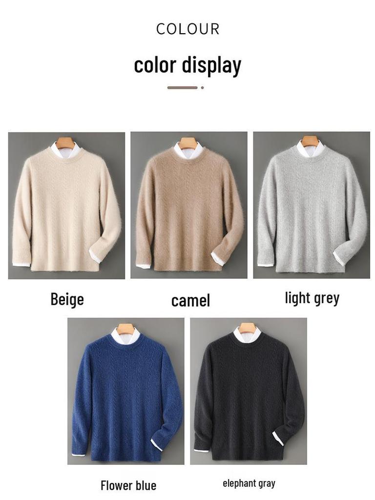 Men's 100% Wool Round Neck Sweater, Thickened Knit Pullover, Autumn/Winter Cashmere Base Layer Top