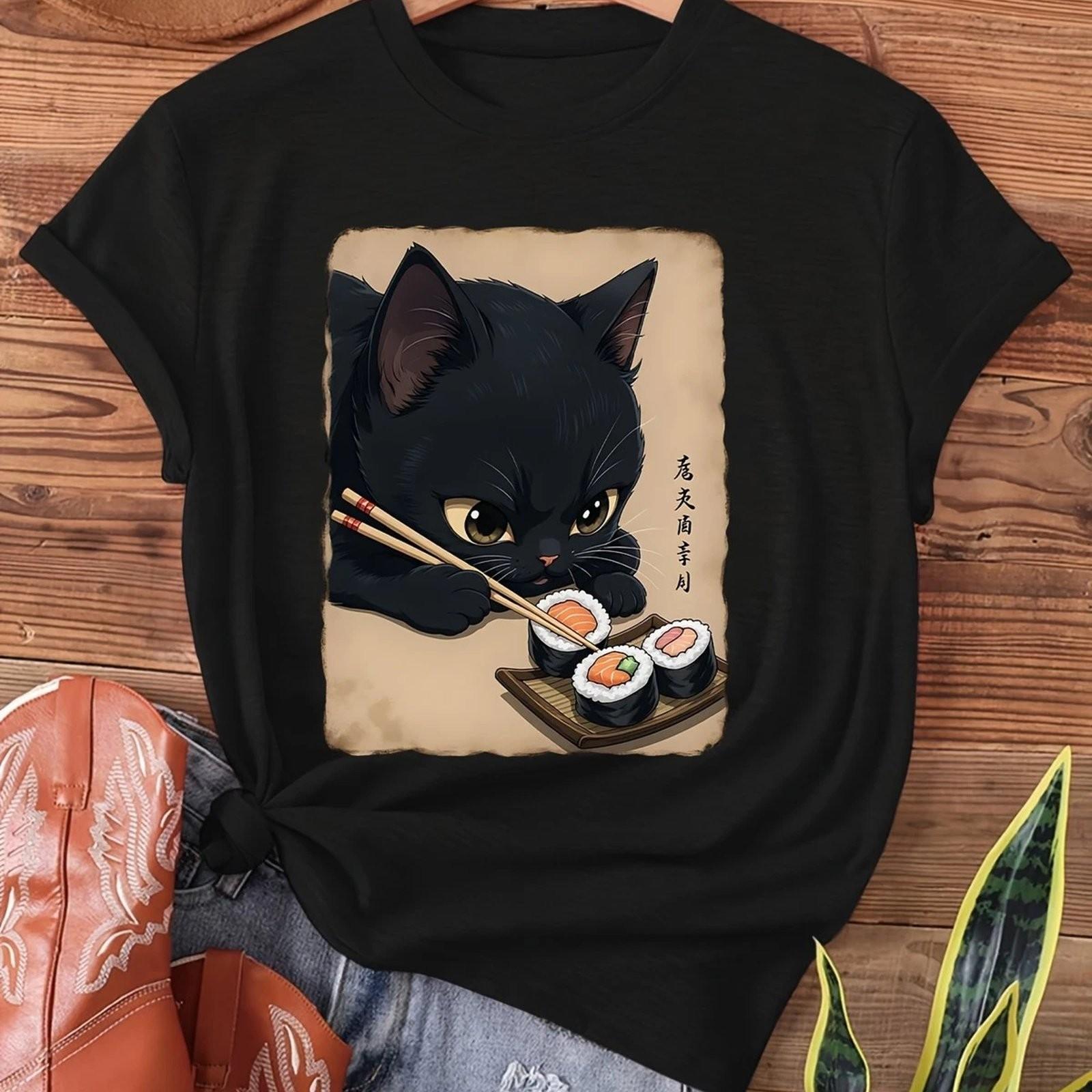 Cute Kawaii Cat Sushi Graphic Tee Japanese Anime Food T-Shirt For Women S