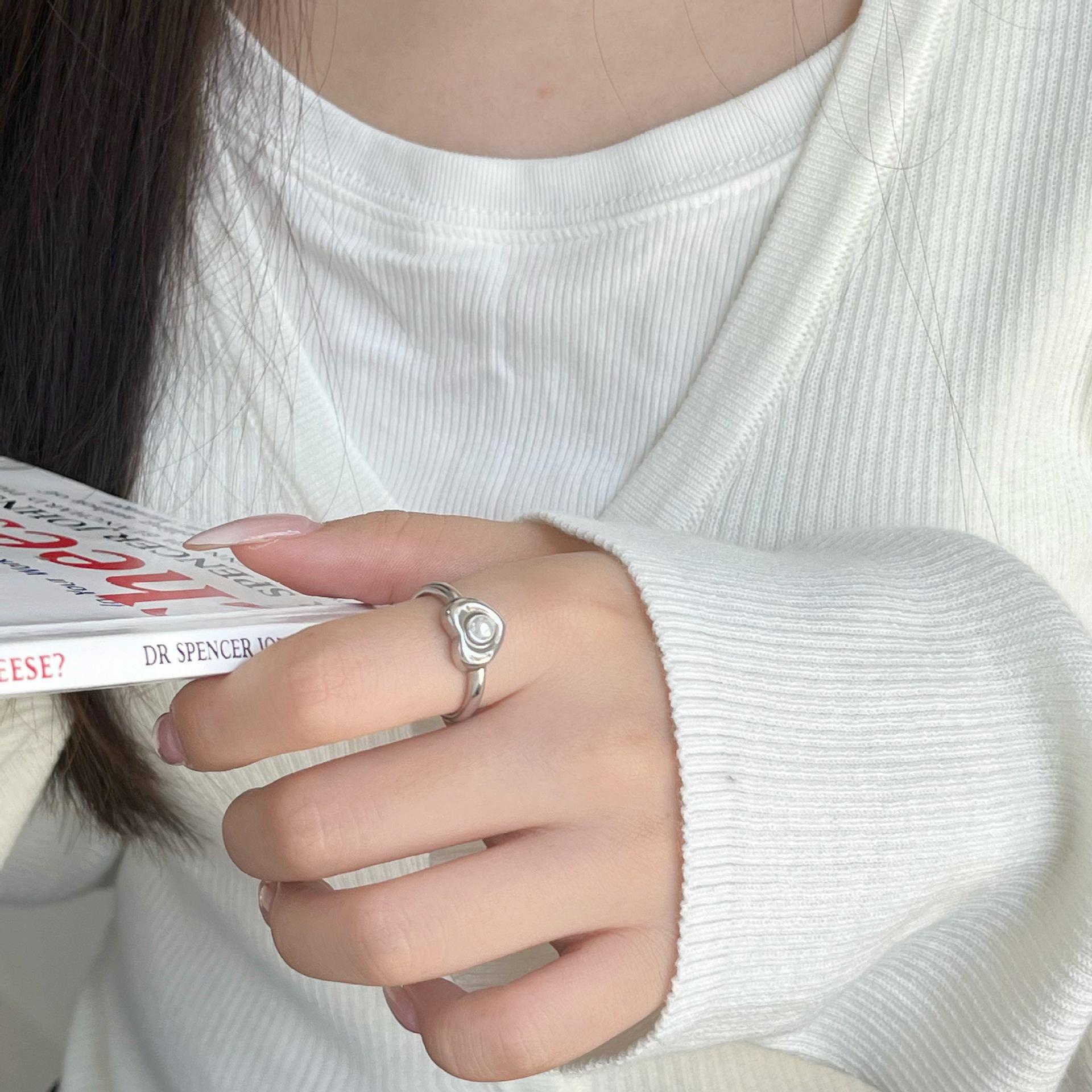 Korean-Style Pearl Heart Open Ring with Three-Dimensional Design Adjustable