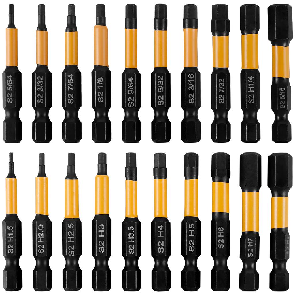 20pcs Impact Hex Head Allen Wrench Drill Bit Set Metric and SAE 1/4" Hex-Shank S2 Steel Hex Bits Set CNC Machined Tips Magnetism