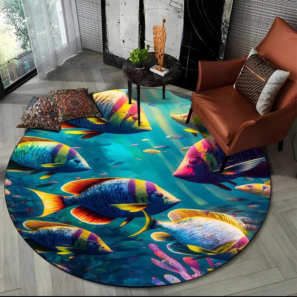 Underwater World Seabed Fish Dolphin Cartoon Round Carpet Rug for Living Room Bedroom Kids Decor,Pet Area Rug Non-slip Floor Mat