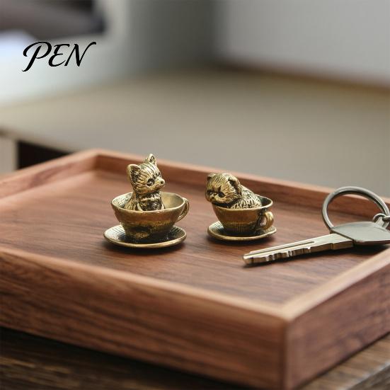 Artistic Home Office Desk Decor Miniature Teacup Cat Statue, Cute Brass Dog Figurine, Landscape Decorative Accents Collectable Animal for DIY