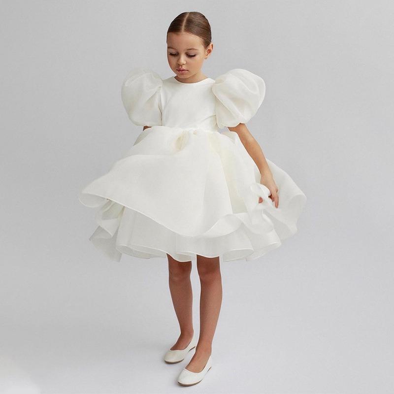 New summer girls puff sleeve princess floral print mesh tulle tutu formal dress 100