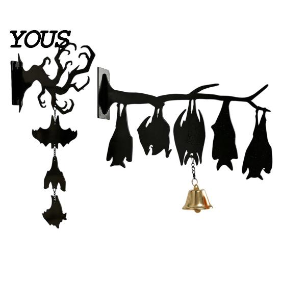 Halloween Courtyard Decoration Hanging Wall Decor, Matte Black Dead Branch Bat Silhouette Ornament Durable Acrylic Holiday Sign with Metal Bell, Easy