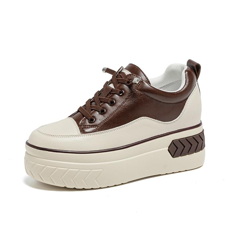 Board shoes cowhide autumn new muffin single shoes high heel thick sole inner height increase casual high top shoes short boots women's shoes