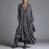 Women's Shirt Collar Three Quarter Sleeve Maxi Dress Loose Fit Relaxed Waist Vintage Solid Color Ruched Shirt Dress