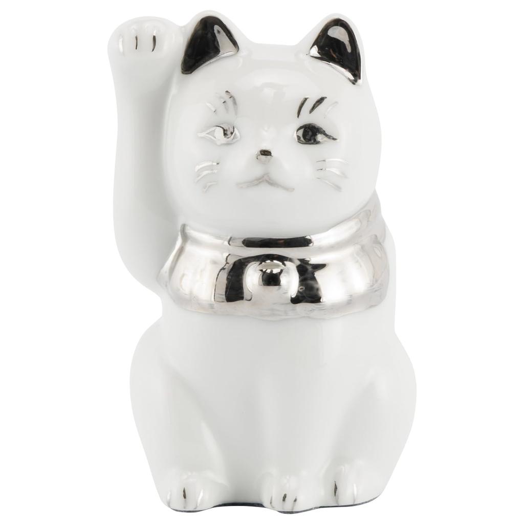 Seto ware right platinum approximately 5cm diameter x 9cm mini good luck made in Maneki-neko (beckoning cat) figurine, white, paw, finish, height,