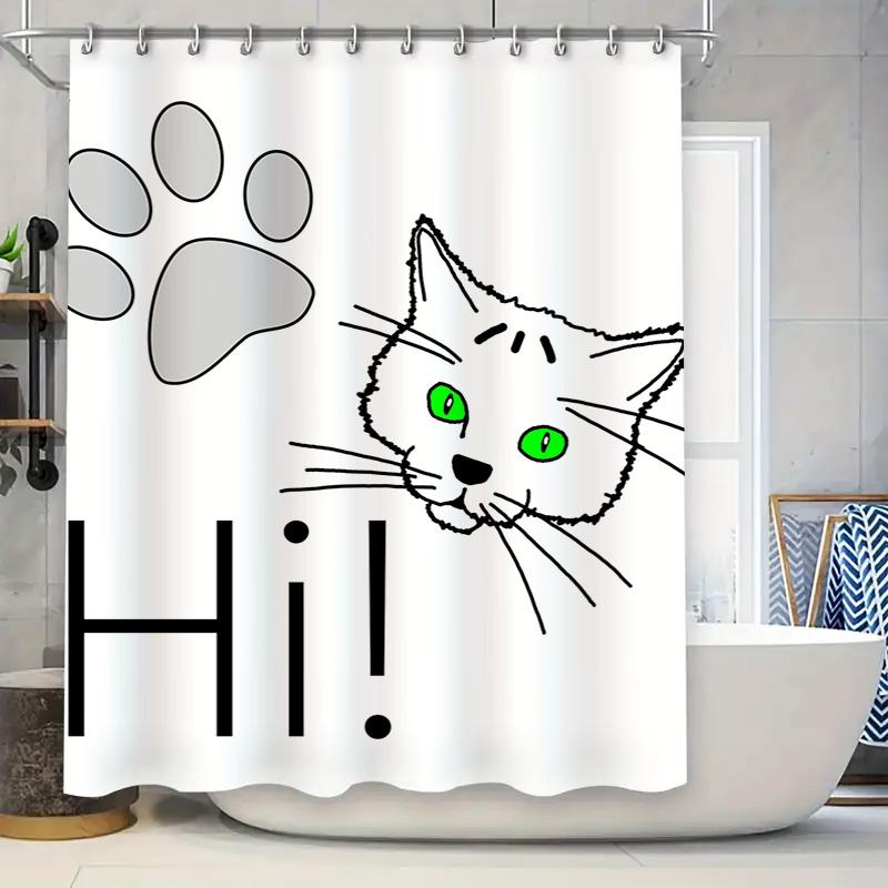 

Adorable Cat Paw Print Shower Curtain With Hi Lettering White Polyester Fabric For Bathroom Decor In Various Sizes W60H190(CM)-1 Pcs
