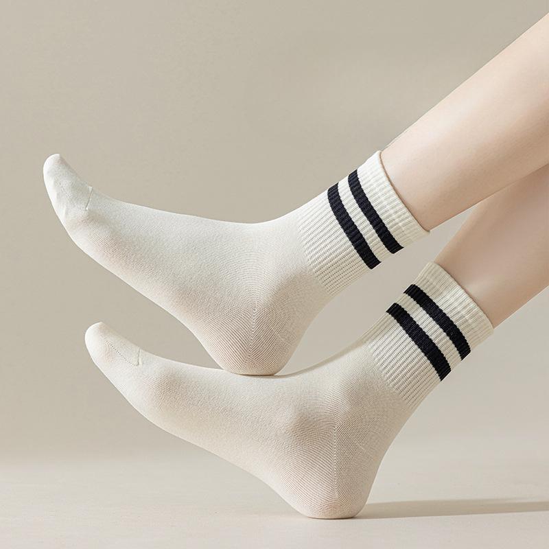 Women's Spring Mid-calf Socks, White Socks, Striped, Durable, Anti-pilling Long Socks, Casual Boneless Socks, Cotton Socks