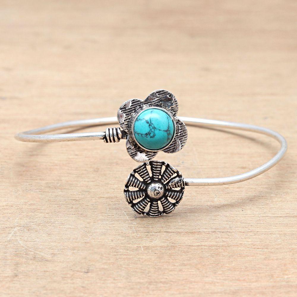Tibetan Turquoise Gemstone Silver Jewelry Cuff Bracelets 7''Adjustable